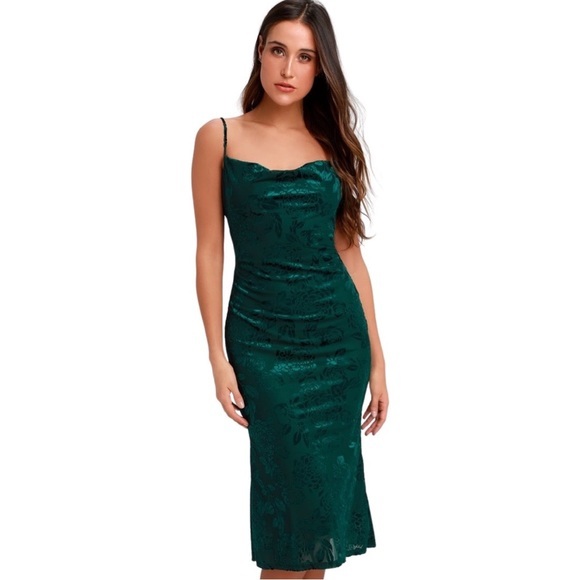 LULUS Noelle Forest Green Cowl Neck Slip Velvet Midi/Maxi Dress - Picture 2 of 8